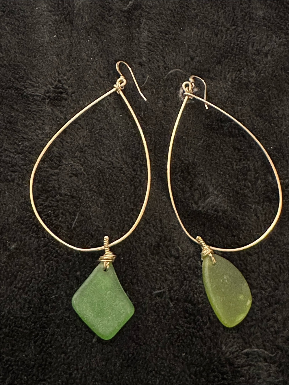 Gold Hoop Earrings with Green Sea Glass Pendants Handmade in Kona Hawaii